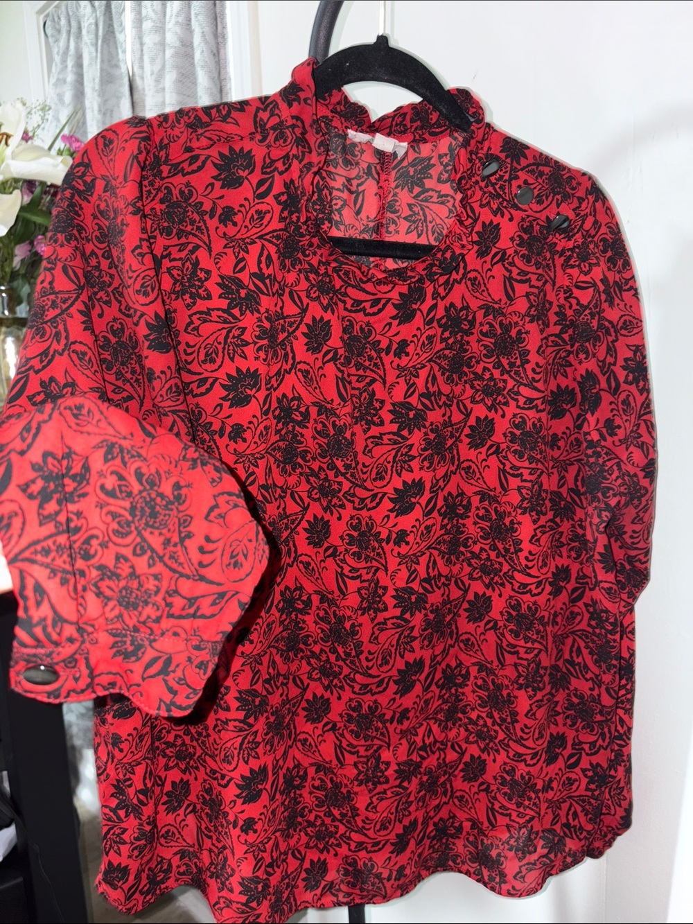 LOFT Red and Black Floral Sheer Blouse